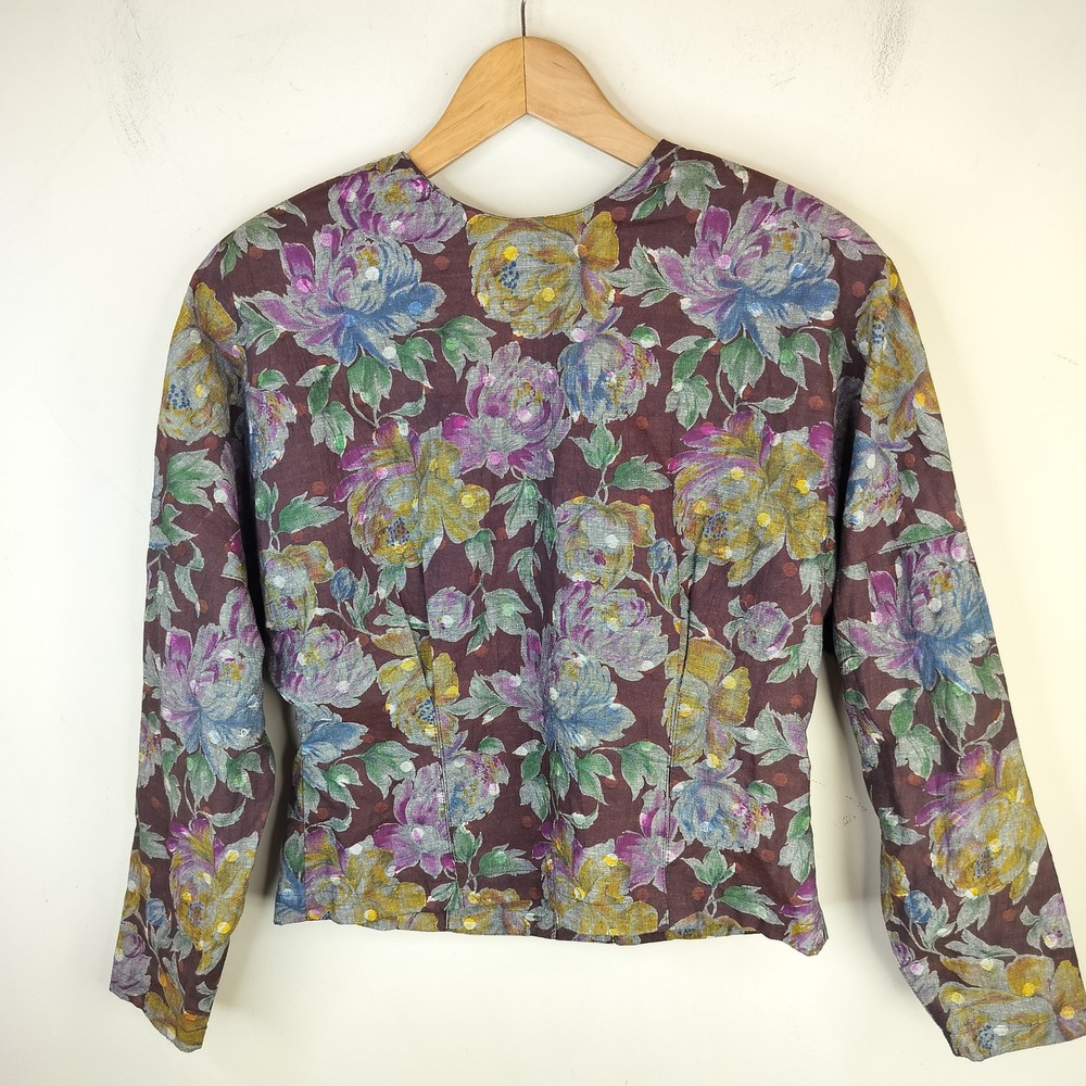 Isabella Vtg Floral Linen Blouse Women Medium Long Sleeve Shoulder Pads